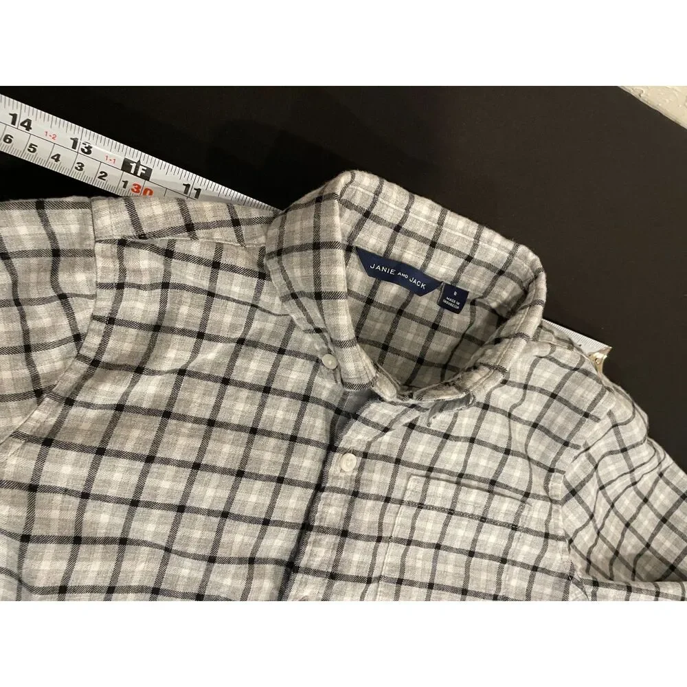 ~ Janie and Jack 8 Boy's Button Down Shirt Plaid Blue Black Gray Flannel Cotton